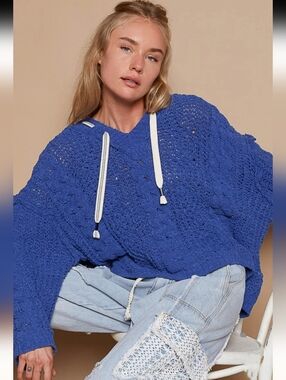 POL Blue Cable Knit Hooded Chenille Sweater Relaxed Fit Size L